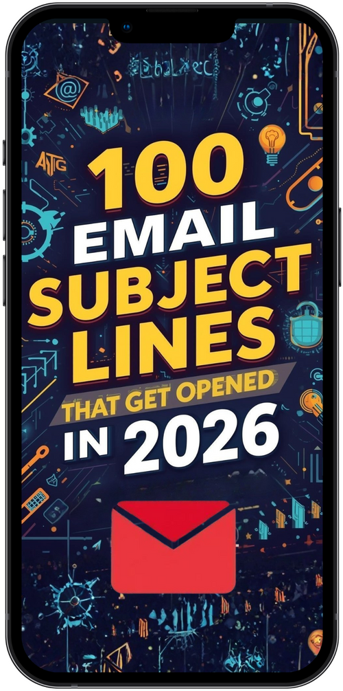 Phone screen displaying '100 Email Subject Lines That Get Opened in 2026' with colorful icons.