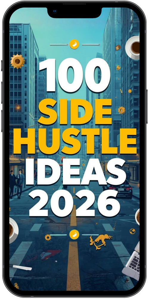 Phone case with '100 Side Hustle Ideas 2026' text on a cityscape background