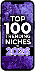 Phone screen displaying 'Top 100 Trending Niches for 2026' on a purple and black marbled background