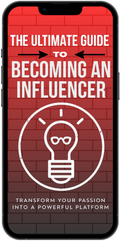 Phone case with 'The Ultimate Guide to Becoming an Influencer' text and light bulb icon on a red brick background.