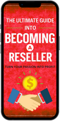 Phone displaying a guidebook cover titled 'The Ultimate Guide into Becoming a Reseller' with a handshake icon on a red background.