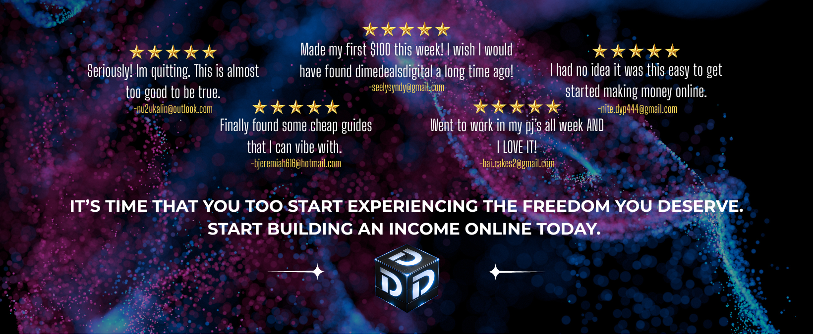 Promotional graphic with customer testimonials and a logo on a dark background