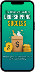 Phone displaying 'The Ultimate Guide to Dropshipping Success' with icons of a box, money, and a duck on a green background.