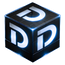Black cube with glowing blue edges and white 'DD' logo on a white background