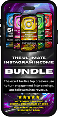 Phone displaying 'The Ultimate Instagram Income Bundle' with colorful icons and text.