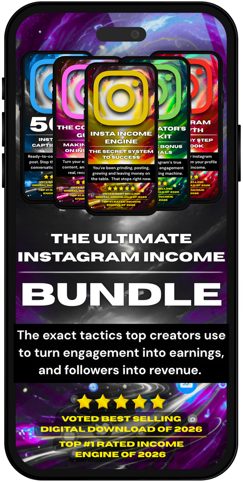Phone displaying 'The Ultimate Instagram Income Bundle' with colorful icons and text.