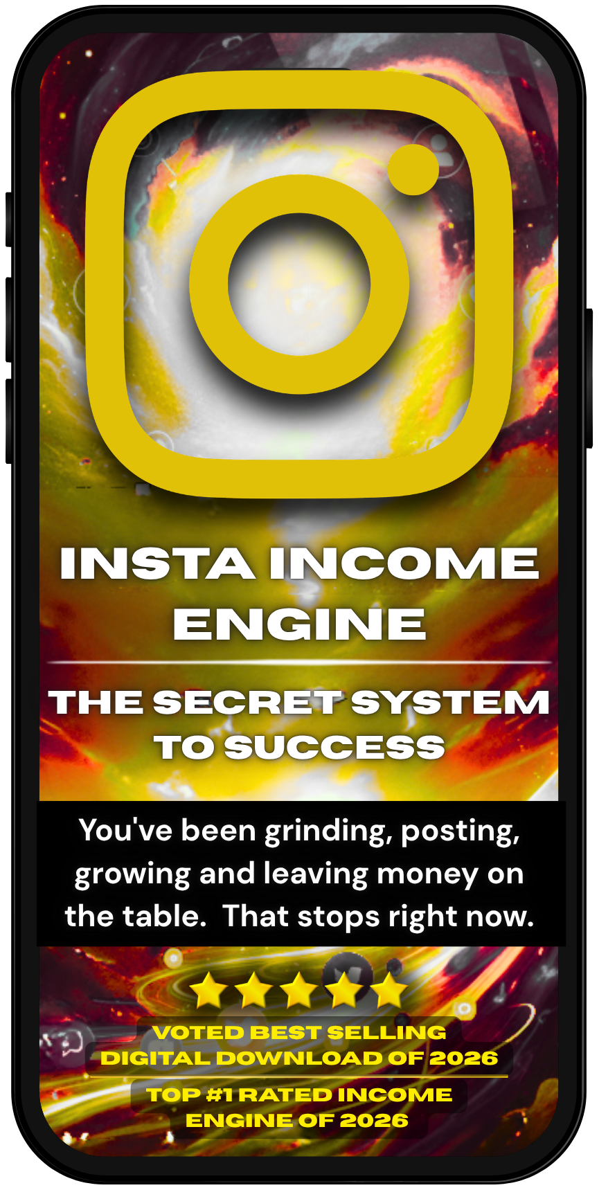 Phone case with 'Insta Income Engine' text and colorful design