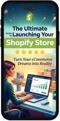 Phone displaying 'The Ultimate Guide to Launching Your Shopify Store' with a woman using a computer.