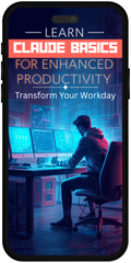 Phone screen displaying a promotional graphic for 'Claude Basics' with a person working at a desk.