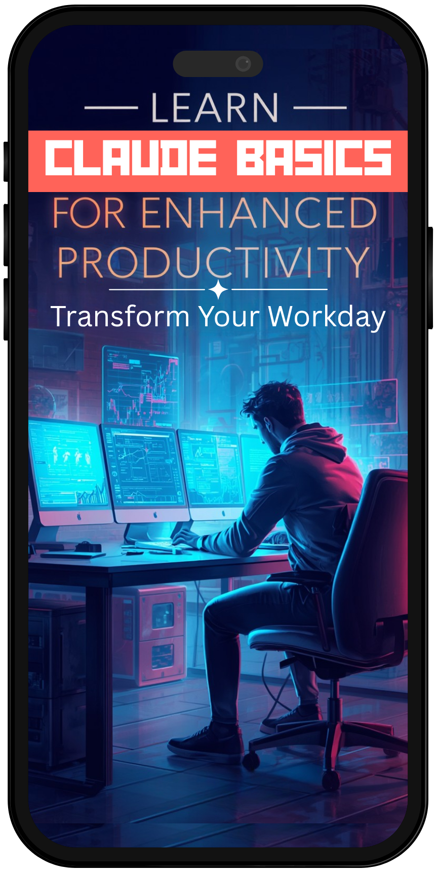 Phone screen displaying a promotional graphic for 'Claude Basics' with a person working at a desk.