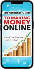 Phone displaying 'The Ultimate Guide to Making Money Online' with a blue background and gold coins.