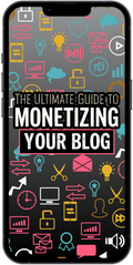 Phone case with 'The Ultimate Guide to Monetizing Your Blog' text and colorful icons on a dark background