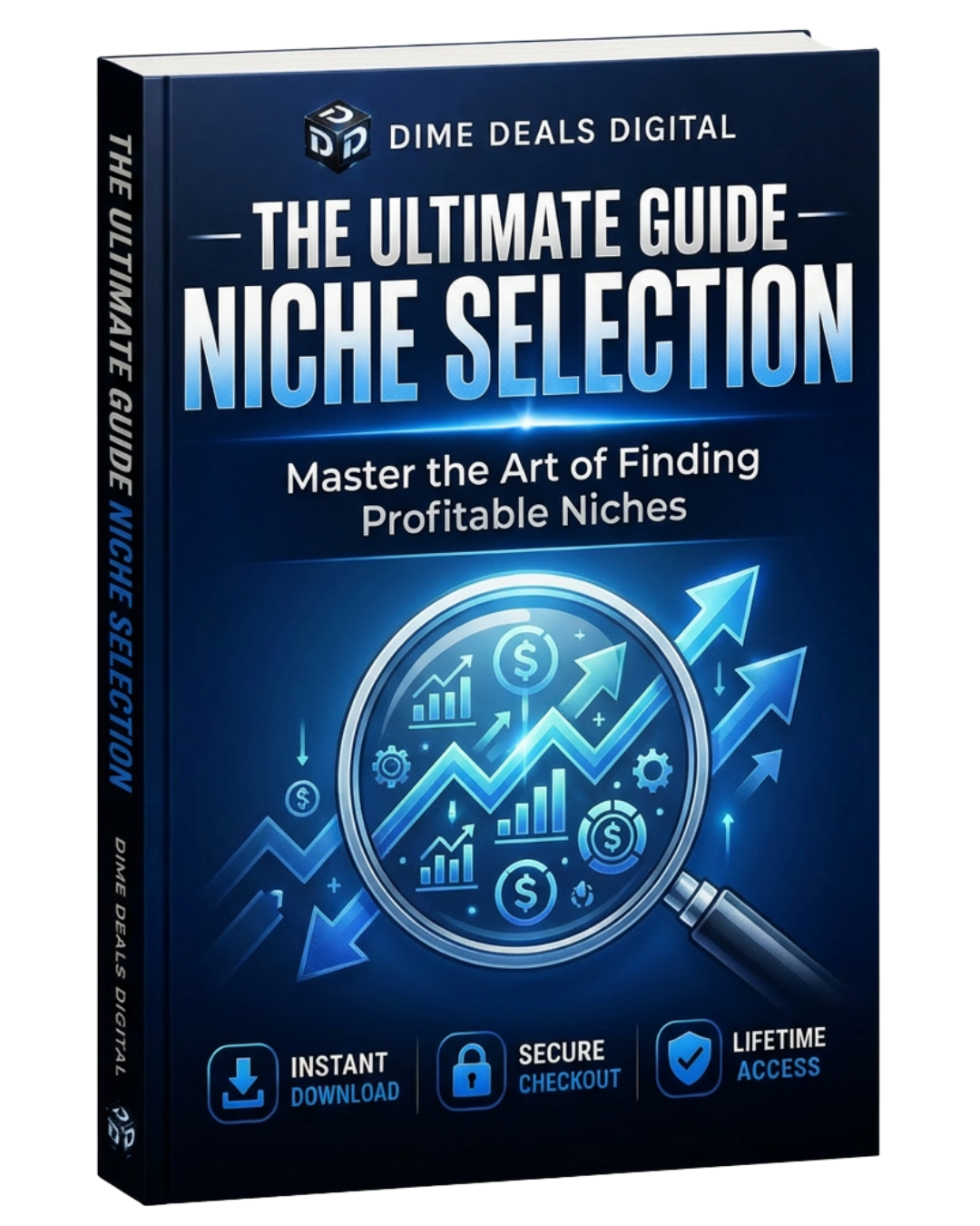 Book titled 'The Ultimate Guide to Niche Selection' by Dime Deals Digital on a blue background